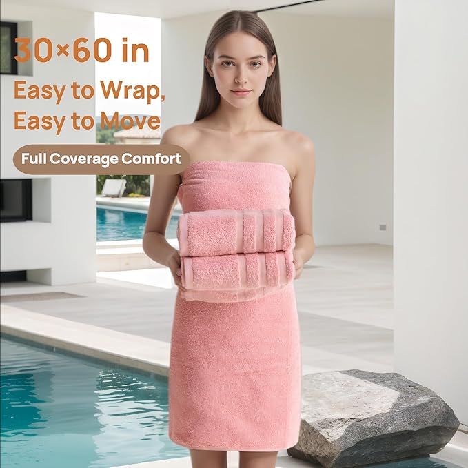Cotton Bath Towel – Large 30x60 Inches, Soft, Thick & Absorbent Towel for Bathroom, Spa, or Home Use (Pink, 4 Pack – 30"x60")