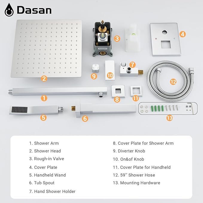 DASAN Tub Shower Faucets Sets Complete Chrome Bathtub Shower System with Tub Spout, Bathtub Faucet Set Tub and Shower Faucet Combo Trim Kit with Rough-in Valve, DA-SS03PC-S10W