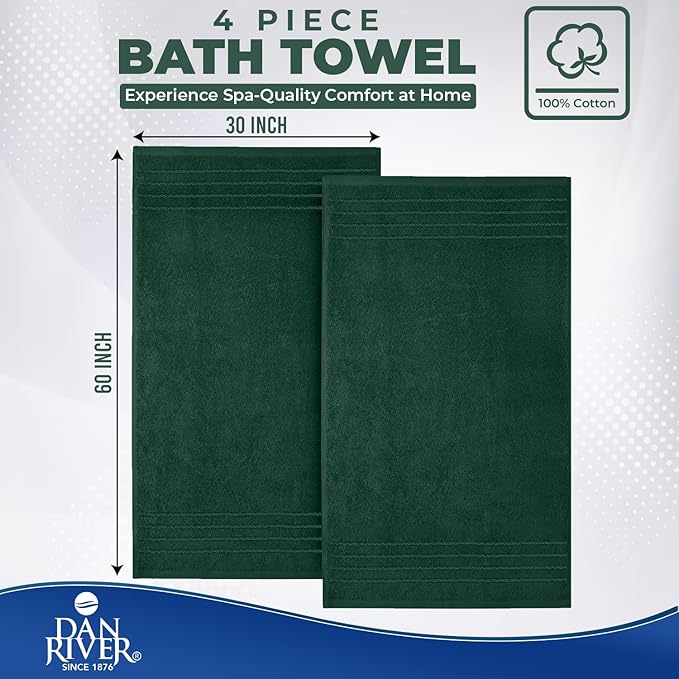 DAN River Extra Large Bath Towels Set of 4, 30 x 60 Inches - 100% Cotton Larger & Lighter Weight Towels for Bathroom - Quicker to Dry, Super Soft & Highly Absorbent Towels for Home, Hunter Green