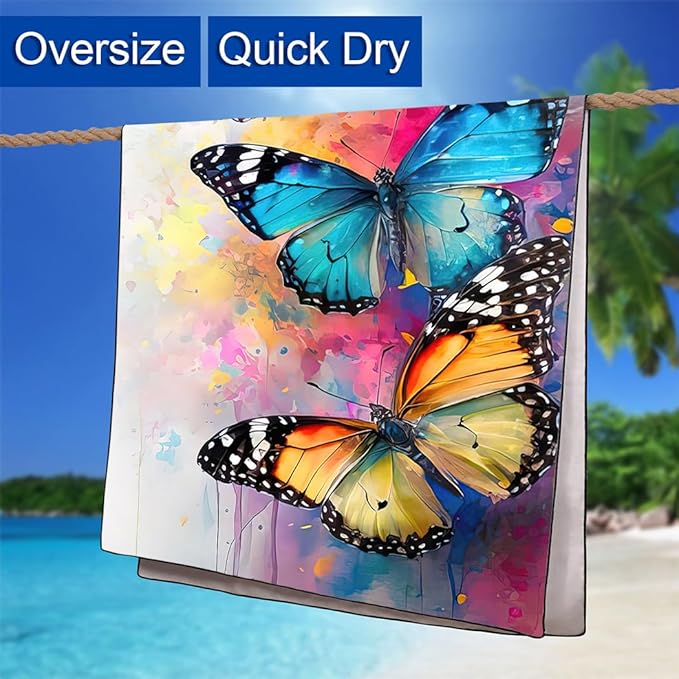 Artistic Watercolor Butterfly Beach Towel 36"x72" Quick-Dry Soft Microfiber Pool Camping Travel Towel