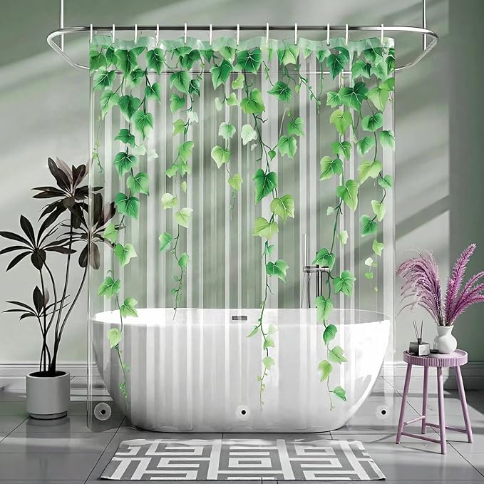 Clear Green Ivy Leaves Shower Curtain Liner, Transparent Plastic Nature Green Botanical Leaf Decorative Waterproof Shower Curtains for Bathroom, 72x78 Weighted Magnetic Shower Curtain Liner with Hooks