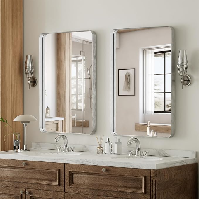 VooBang Bathroom Mirror 20x30 inch, Silver Gorgeous Deep Frame Wall Mirror, Modern Round Corner Bathroom Vanity Mirror for Bedroom, Living Room, Hanging or Leaning Horizontal or Vertical, Silver