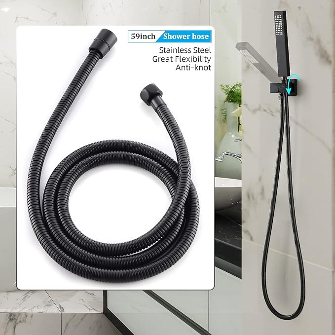 Matte Black Full Body Rain Shower System 16 Inch Ceiling Mount Dual Function Shower Faucet System Set with Overhead Rainfall Shower and Handheld Spray, Pressure Balance Valve Kit and Trim