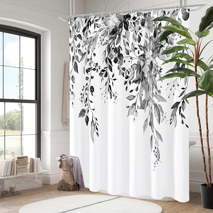 Gibelle Long Shower Curtain 72 x 78, Black and White Floral Shower Curtain, Watercolor Plant Eucalyptus Leaves Fabric Shower Curtain Set