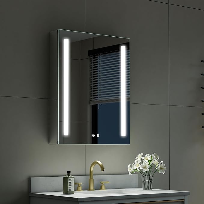 WELLFOR 24" X 30" LED Medicine Cabinet with Mirror, Single Right Opening Door, Recessed or Surface Cabinet Mirror, Bathroom Mirror Cabinet, Medicine Cabinet with Lights with Outlets & USB Ports