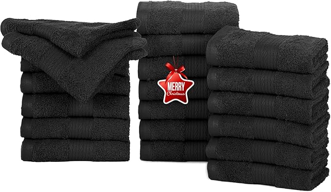 Ample Decor Wash Cloths Pack of 20, Oeko Tex Certified 600 GSM 100% Cotton Soft Absorbent, Premium Quality Durable Machine Washable, Ideal for Bathroom, Pool, Hotel, Spa – Black