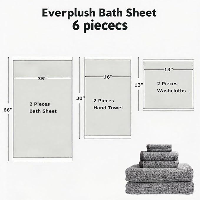 Everplush 6-Piece Premium Bath Towel Set – Plush Jacquard Luxury Towels, Highly Absorbent & Quick-Drying, with Bath Sheets, Hand Towels & Washcloths for Bathroom/Travel