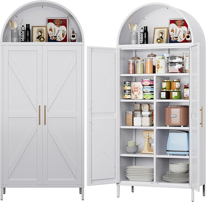 GangMeri Farmhouse Kitchen Pantry Cabinet, Arched Storage Cabinet with Doors and Adjustable Shelves, Tall Freestanding Cupboard for Laundry, Dining Room, Living Room, Bathroom(White)