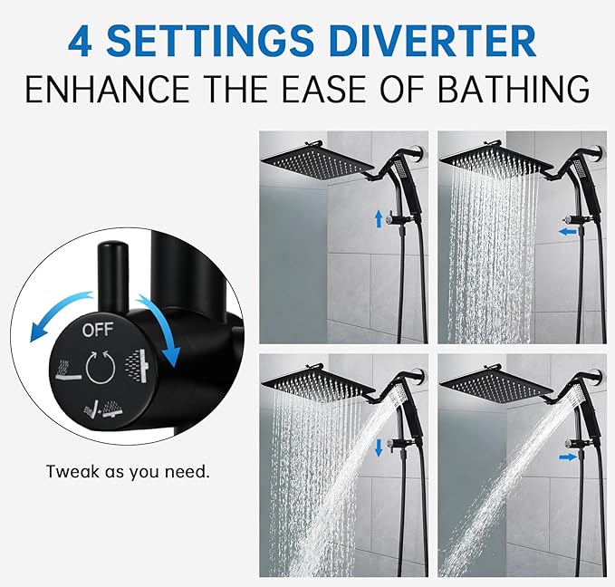 G-Promise Metal Shower Diverter with Low Handheld Holder, 3-Way Diverter Valve with Pause Mode for Handheld and Fixed Shower Head, 4-Settings Universal Bathing System Replacement Part(Matte Black)