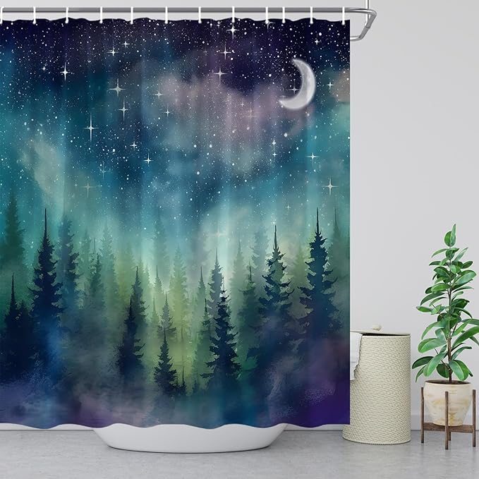 Forest Moon Shower Curtain Watercolor Misty Forest Fantasy Starry Sky Galaxy Nature Gothic Scenery Abstract Outdoor Bathroom Decor Curtains with Hooks, Purple 78" L x 70" W