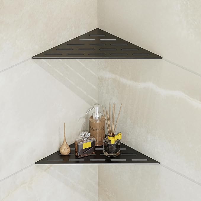 Corner Shower Caddy Shelf, Recessed Built-in Bathroom Storage for Tiled 90° Walls, Matte Black 304 Stainless Steel, Set of 2