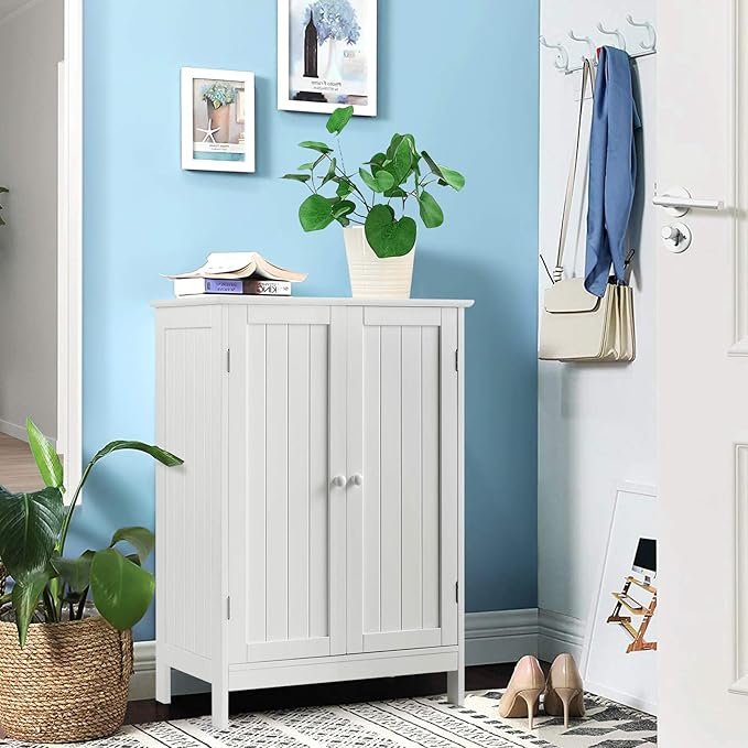 Tangkula Bathroom Floor Cabinet, Freestanding Storage Cabinet with Double Doors and Shelf, Modern Home Furniture, Wooden Home Organizer for Living Room, Bathroom Cabinet, White