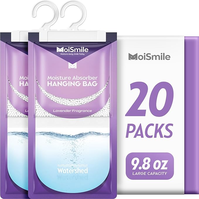 Moisture Absorbers 20 Pack Lavender Fragrance, Hanging Closet Dehumidifier Bags, Humidity Absorber, Compact Eliminates Odors Humidity Packs for Car, Bathroom, Bedroom, Basement, 9.8OZ