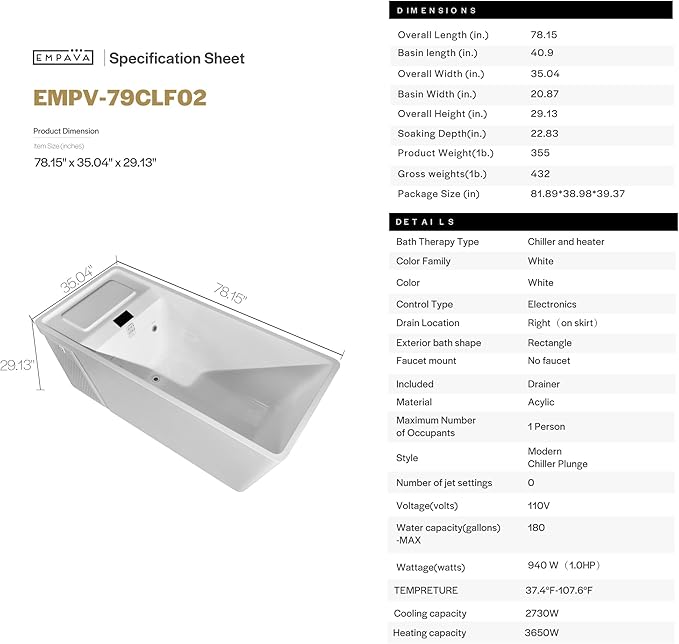 Empava Professional Cold Plunge Tub with Chiller & Heater, Smart Ice Bath System for Home Recovery, Wi-Fi Control,Designed for Daily Performance & Deep Relaxation,79 In