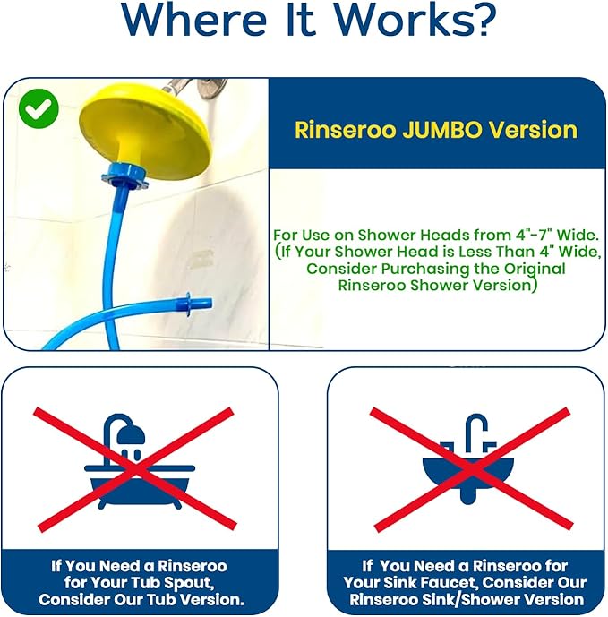 Rinseroo JUMBO Shower Cleaning Thing – Slip-On Handheld Hose Attachment for Fast, Mess-Free Shower Wall Rinsing–6 Ft Hose, Fits Up to 7" Shower Head–Temporarily Converts Standard Shower into Handheld