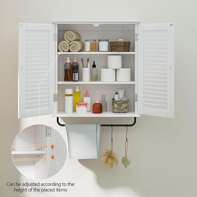 White Wall Mounted Cabinet, Over the Toilet Storage Cabinet, Wooden Wall Cabinet with 2 Doors & Hooks, White Wall Cabinet, Medicine Cabinet Organizer, Storage Cabinets Over Toilet Livingroom Kichen