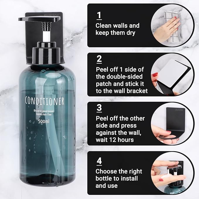 Segbeauty Adhesive Bottle Holder, 3pcs Stainless Shampoo Bottle Holder, Black Drill-Free Shower Dispenser Rack, Rustproof Shampoo and Conditioner Dispenser Wall Mount for Dia 1.15in 3cm Bottles Mouth