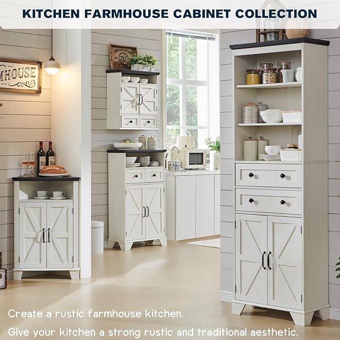 ACCOHOHO Bathroom Floor Cabinet, Farmhouse Storage Cabinet, 24" Wide Cabinet with Drawer, Adjustable Shelf, Barn Doors, Cabinets for Bathroom, Kitchen, Living Room, Off White