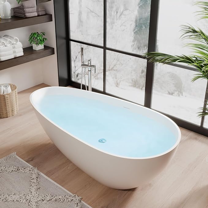 GarveeLife Freestanding Solid Surface Bathtub 67 Inch – Matte White Deep Soaking Tub, Contemporary Stone Stand Alone Bathtub with Smooth Ergonomic Design for Luxury Bathroom