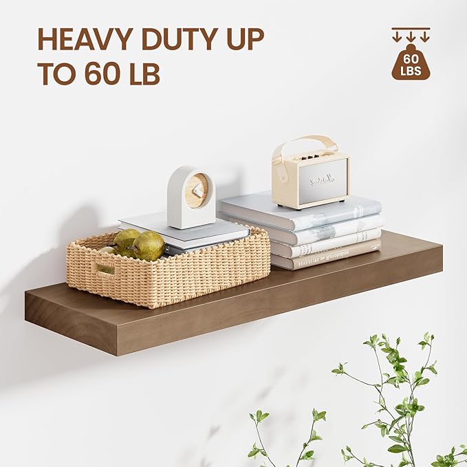 Heimlove 24 inch Floating Shelves for Wall,2 Packs Natural Pine Solid Wood Floating Shelves, 8 inches Deep Wooden Shelves for Kitchen Bedroom Office & Living Room Display Wall Decor