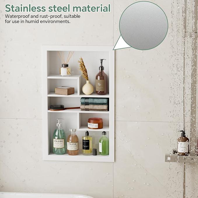 Stainless Steel Recessed Medicine Cabinet 14 * 24, Rust-proof Metal Wall Niche, In Wall Shower Niche Shelf Insert Replacement, Recessed Medicine Cabinets for Drywall, with 5 Compartments, White