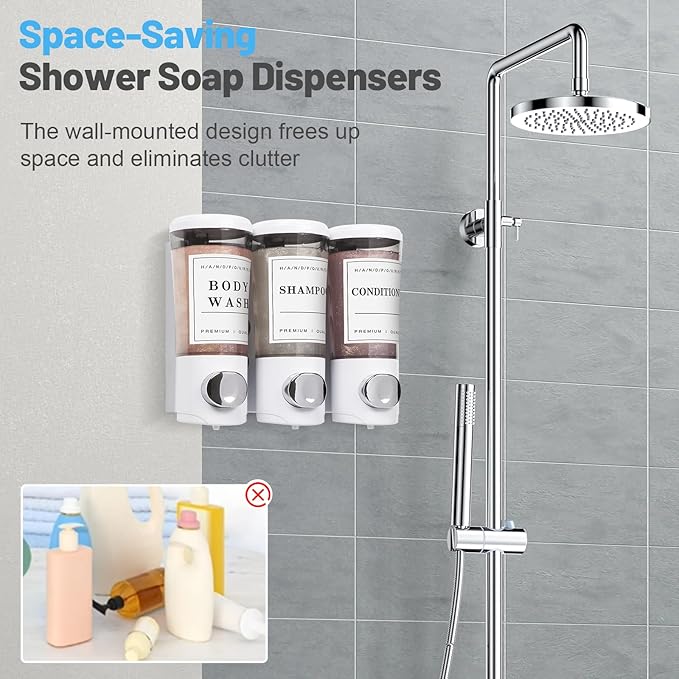 Shampoo and Conditioner Dispenser 450ml * 3, Shower Dispenser 3 Chamber No Drill Shower Soap Dispenser Wall Mounted Large Capacity Refillable Shampoo Body Wash Dispensers for Bathroom Hotel