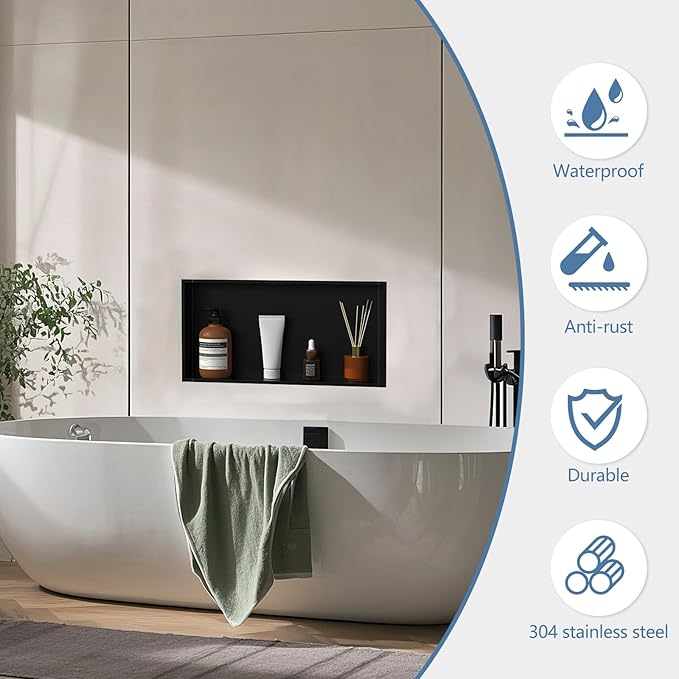 Homevacious 24" X 12" X 4" Stainless Steel Shower Niche No Tile Needed Matte Black Bathroom Shelf Rimless Recessed Wall Niche for Bathroom Storage