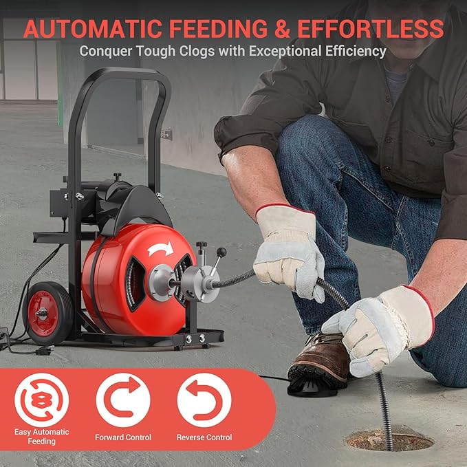 Electric Drain Cleaning Machine 100Ft 3/4 Inch, 750W Auto Feed Portable Sewer Snake, Drain Auger with 6 Cutter and Air-Activated Foot Switch for 4"–8" Pipes