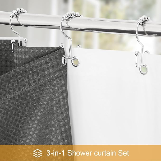 3 in 1 Shower Curtain Set, Charcoal Grey Waffle Fabric Modern Shower Curtain and PEVA Liner Set with 12 Stainless Steel Shower Curtain Hooks, Dark Grey, 72 W x 72 H