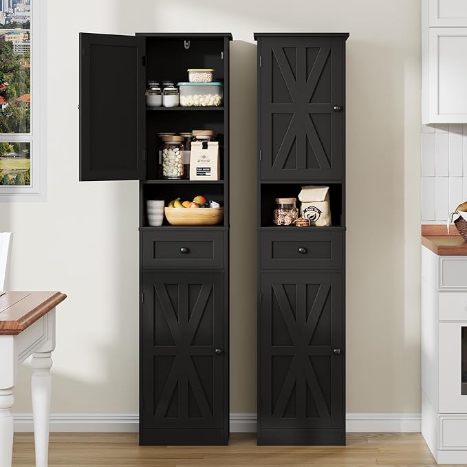 67" H Tall Bathroom Cabinet, Narrow Storage Cabinet with 2 Barn Doors and 1 Drawer, Freestanding Floor Cabinets with 5 Shelves and Open Storage Shelf for Bathroom, Living Room, Kitchen, Black
