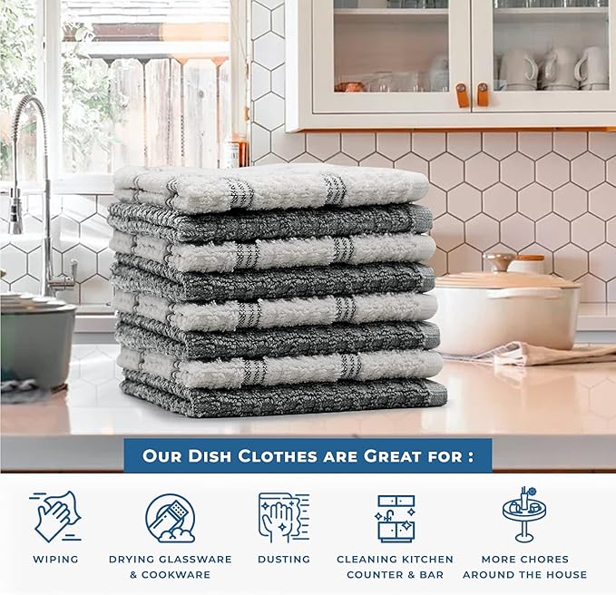 DAN RIVER Premium Dish Cloth 100% Cotton 12 X 12 Inches |Pack of 8|-Ultra Soft Tea Towels-Highly Absorbent Kitchen Rags-Terry Dishcloth for Kitchen and Household Cleaning |Grey|
