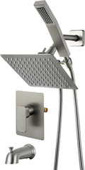 All Metal Shower Faucet Set, Dual Square Shower Head System with Handheld Wand, Diverter, Hose Complete Combo, Pressure Balance Rough-in Valve and Tub Spout Included (Brushed Nickel)