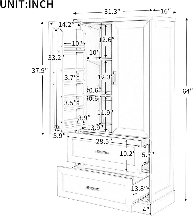 Merax 64" H Storage Cabinet with Drawers and Door Racks, Tall Freestanding Bookshelf Pantry Space Saver for Bathroom or Kitchen, Adjustable Shelf, White