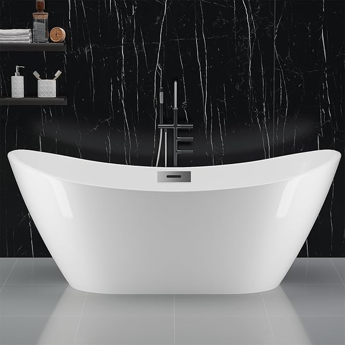 67" Free Standing Tub, Acrylic Freestanding Bathtub, Modern Soaking Tub with Integrated Overflow and Drain, White Bathroom Fixture, Stand Alone Bathtub, CUPC Certified, Gloss White