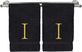 Monogrammed Hand Towel, Personalized Initial Gift, Extra Absorbent 100% Turkish Cotton - Soft Terry Finish - Set of 2 - Gold Block Initial I - Embroidered on Black Towels