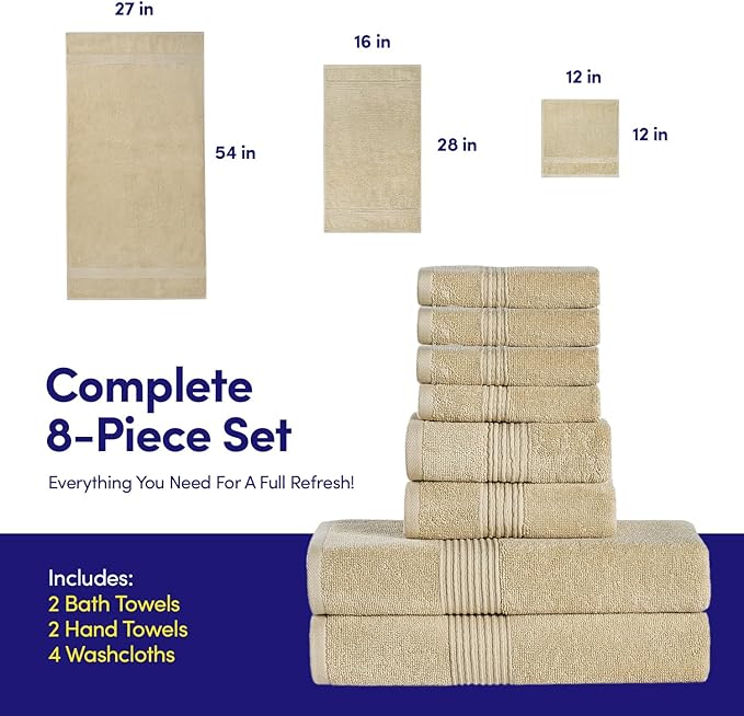 Bath Towels 8 Piece Towel Set – 100% Combed Cotton – Bath + Hand + Washcloths – Oeko-TEX Certified Soft & Absorbent Towels with Durable Double-Stitched Edges for Bathroom or Guest Spa, Beige