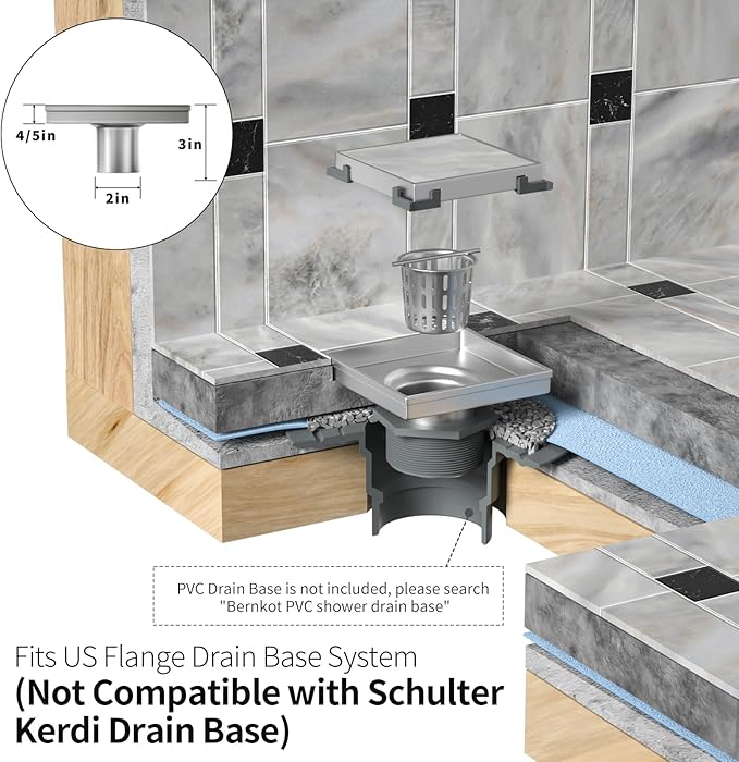 Square Shower Drain 4", Brushed Floor Drain with Tiled Insert Grate & Hair Strainer, 304 Stainless Steel Bathroom 2-in-1 Tiled in Drain, CUPC Certified (Brushed, 4'')