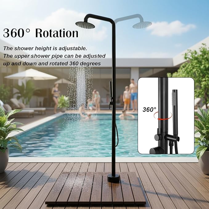 Freestanding Outdoor Shower – Height Adjustable Matte Black Outdoor Shower Fixtures with 10”Rain Shower Head & Handheld for Backyard,Garden,Pool,Beach – Rust-Resistant Stainless Steel Outside Shower