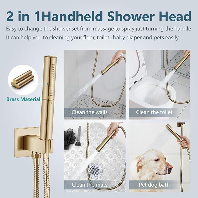 Aolemi Shower Faucet Set, High Pressure Shower System with 2-in-1 Handheld Sprayer, Wall Mount Fixture Combo with Rough-in Valve, 16 Inch Shower Head, Brushed Gold