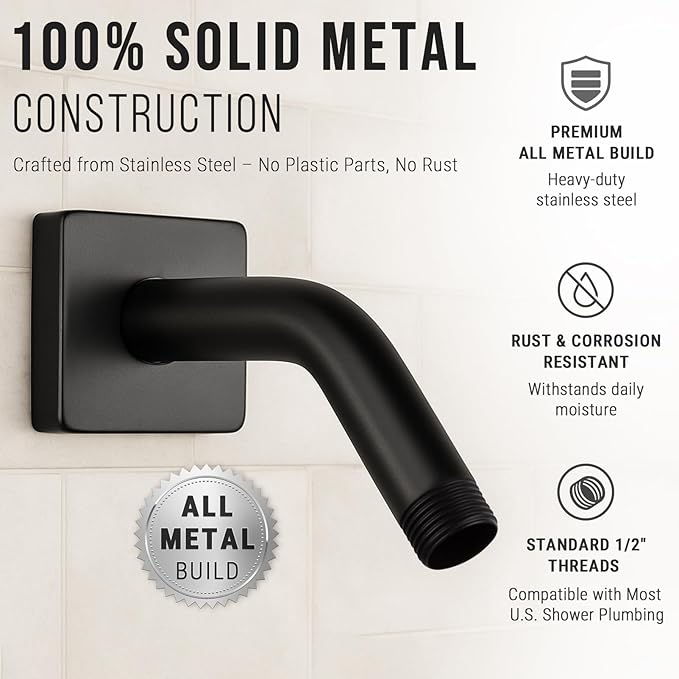 G-Promise All Metal 6-Inch Shower Arm with Flange, Wall-Mounted Stainless Steel Shower Pipe Replacement for Fixed and Handheld Shower Heads, Matte Black