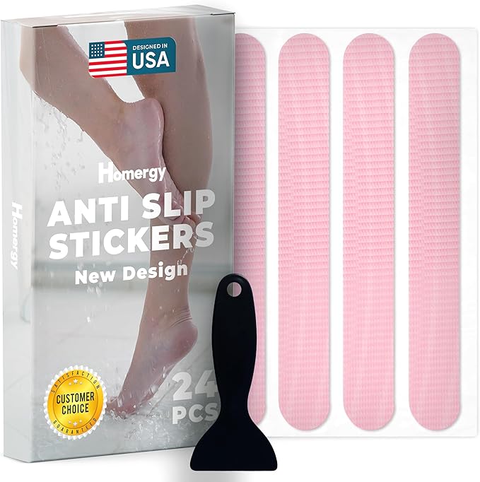 Anti-Slip Shower Stickers - Help Reduce Slipping in Bathtub & Shower, Pink Non-Slip Bath Strips, Strong Adhesive Bathtub Appliques Suitable for Homes with Kids, Adults & Seniors - 24 Pcs - Homergy