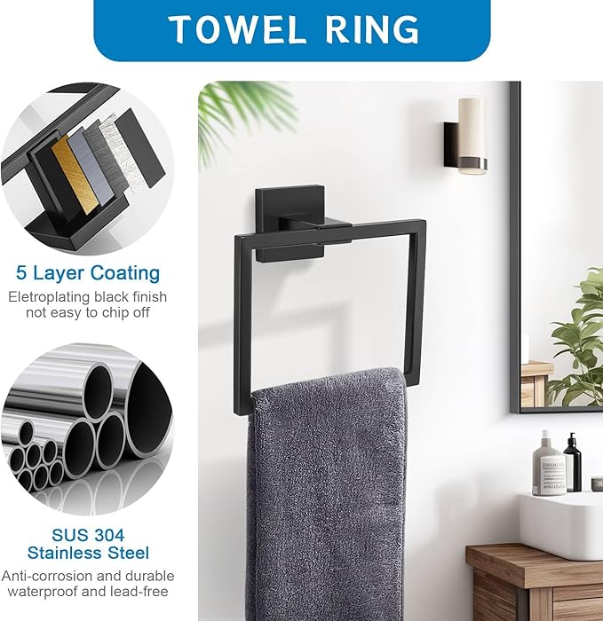 Matte Black 5 Pieces Bathroom Hardware Accessories Set Towel Bar Towel Holder Towel Racks Set for Bathroom,Stainless Steel Wall Mounted 16-Inch Towel Bar