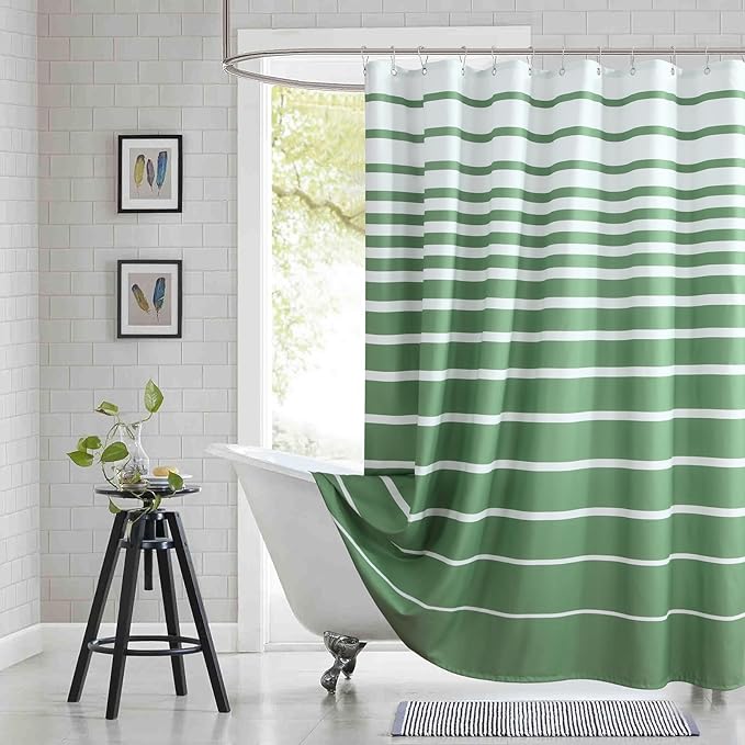 Green Shower Curtain, Sage Green and White Stripe Waterproof Polyester Shower Curtains for Bathroom, 72x72 Inches