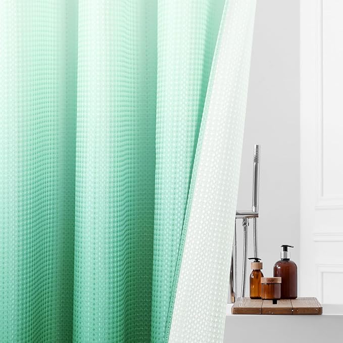 MitoVilla No Hooks Needed Turquoise Extra Long Shower Curtain Liner Set, 86 inch XL Teal Ombre Heavyweight Waffle Fabric Cloth Shower Curtains with Snap-in Liner for Modern Luxury Hotel Bathroom Decor