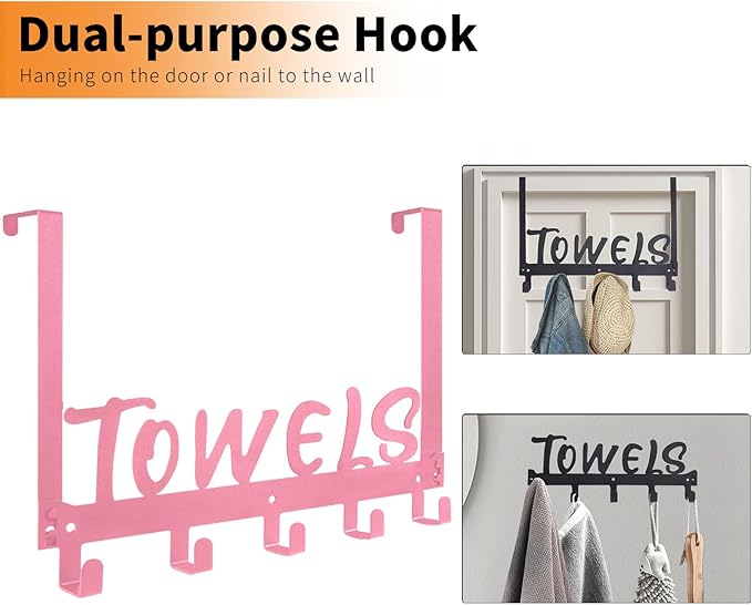 Over The Door Hook - 5 Coat Hooks Towel Rack for Bathroom & Bedroom (Pink)