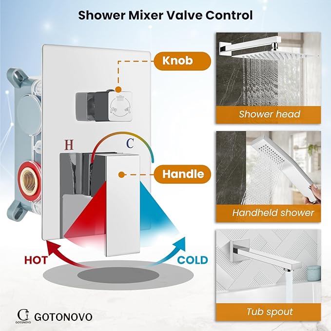 gotonovo Shower System with Tub Spout Wall Mounted Rain Shower Head and Handle Combo Shower Faucet Set with Valve, 12 Inch, Polish Chrome