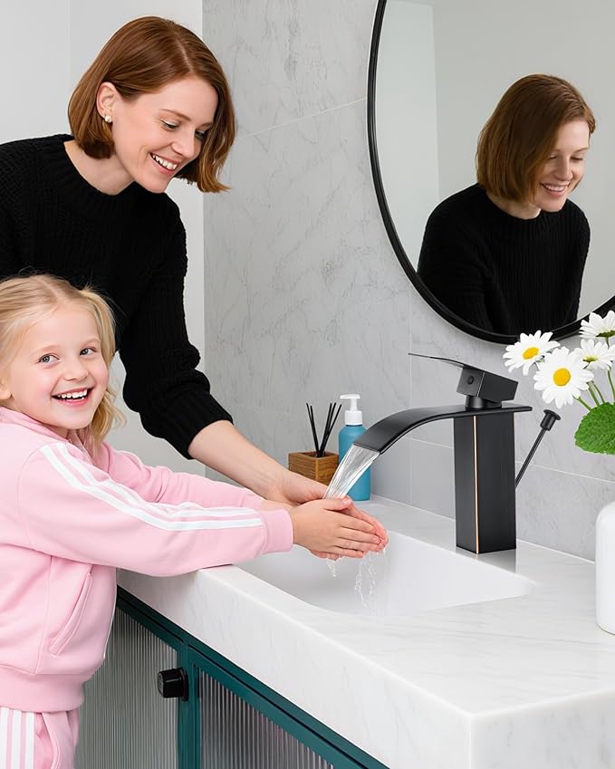 Bathroom Faucets with Lift Rod Drain Oil Rubbed Bronze Waterfall Bathroom Sink Faucet Modern Single Handle Bathroom Faucet for 1 or 3 Hole Mxier Tap Washbasin Faucet with Deck