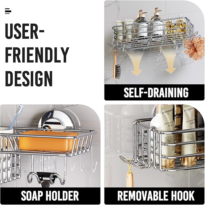LEVERLOC Shower Caddy Suction Cup, Shower Organizer Removable Bathroom Shelf, Storage Suction Powerful Max Hold 22lbs Bathroom Caddy Waterproof Holder, Silver