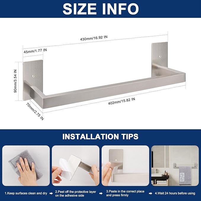 NearMoon Self Adhesive Bathroom Towel Bar, Stainless Steel Square Bath Wall Shelf Rack Hanging Towel Stick On Sticky Hanger Contemporary Style, Towel Rack Wall Mounted (16 Inch, Brushed Nickel)