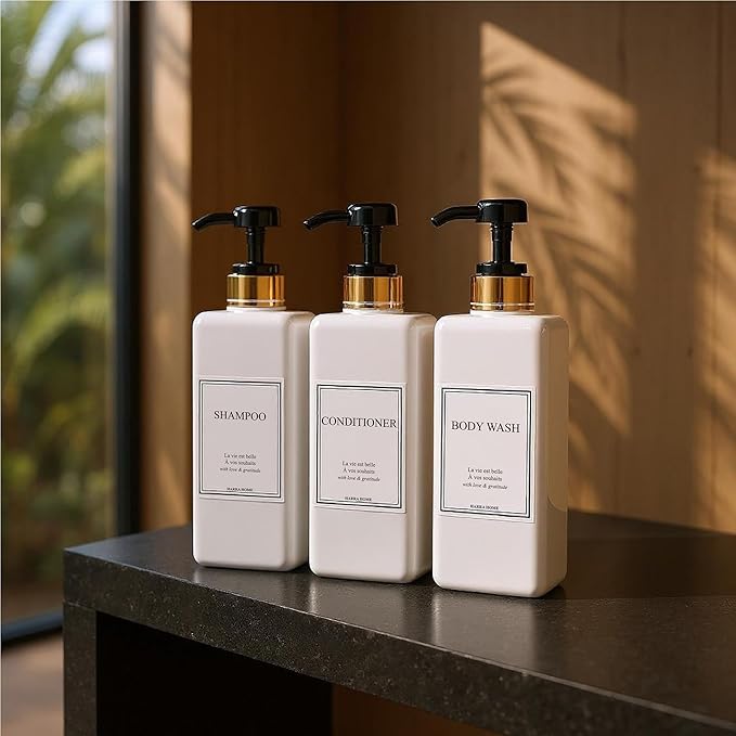 Modern Gold Design Pump Bottle Set 27 oz Refillable Shampoo and Conditioner Dispenser Empty Shower Plastic Bottles with Pump for Bathroom Lotion Body wash Massage Oils, Pack of 3 (Black)